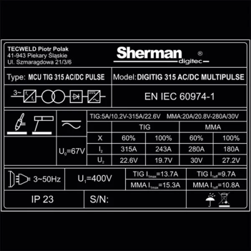 Spawarka Sherman DIGITIG 315 AC/DC Multipulse - zestaw - 7812740-G - Sherman - 16