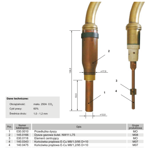 Dysza gazowa butelkowa Binzel MB-401/501 L-75 mm - 145.0166 - Abicor Binzel - 1 2