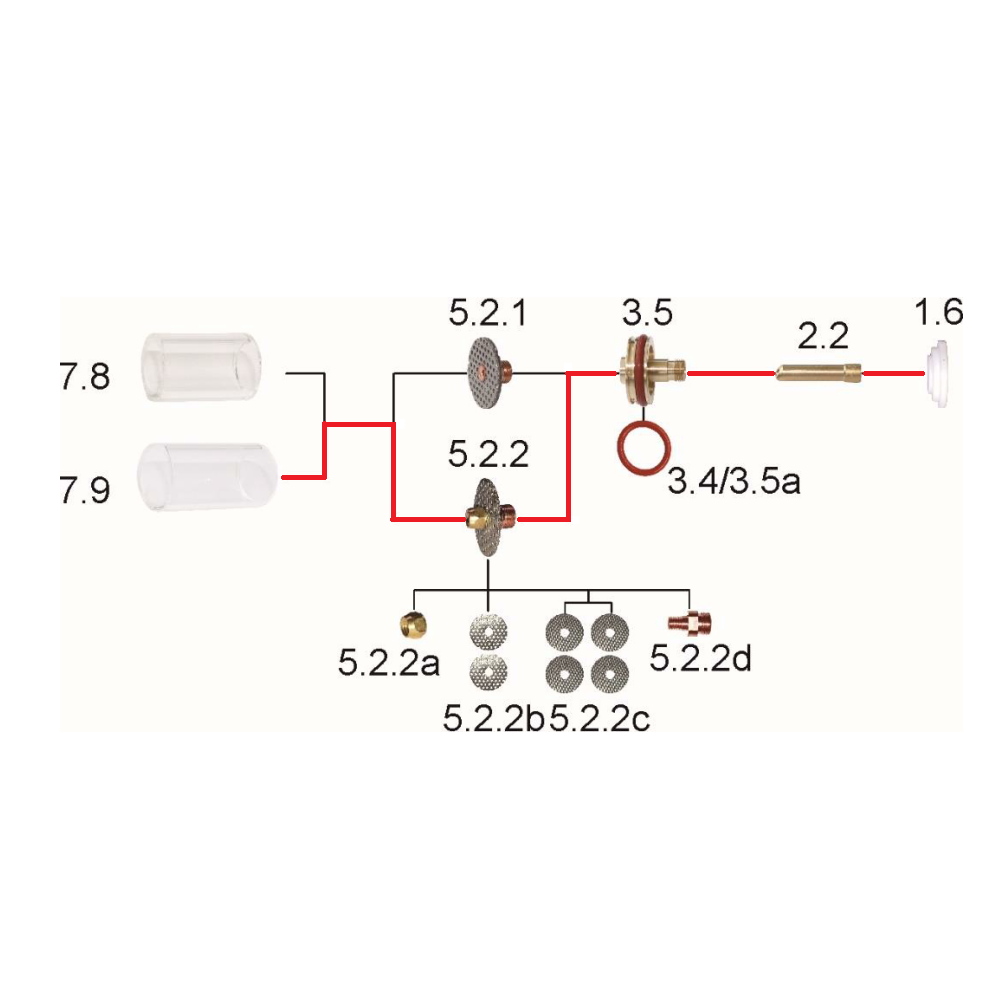 Zestaw części Pyrex (Quartz) 17/18/26 duża soczewka / 1,6 mm / długa dysza / Sherman - 7812097 - Sherman - 3