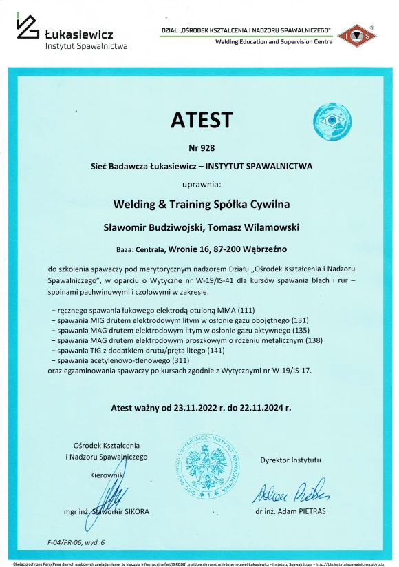Atest Sieć Badawcza Łukasiewicz - Instytut Spawalnictwa dla Welding & Training